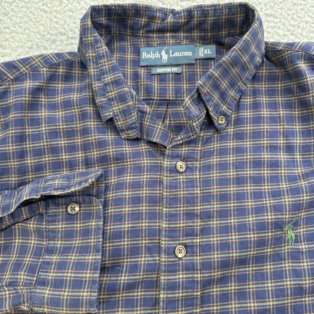 Polo Ralph Lauren Dress Shirt Mens XL L/S Custom Fit Blue Plaid Green Pony VTG